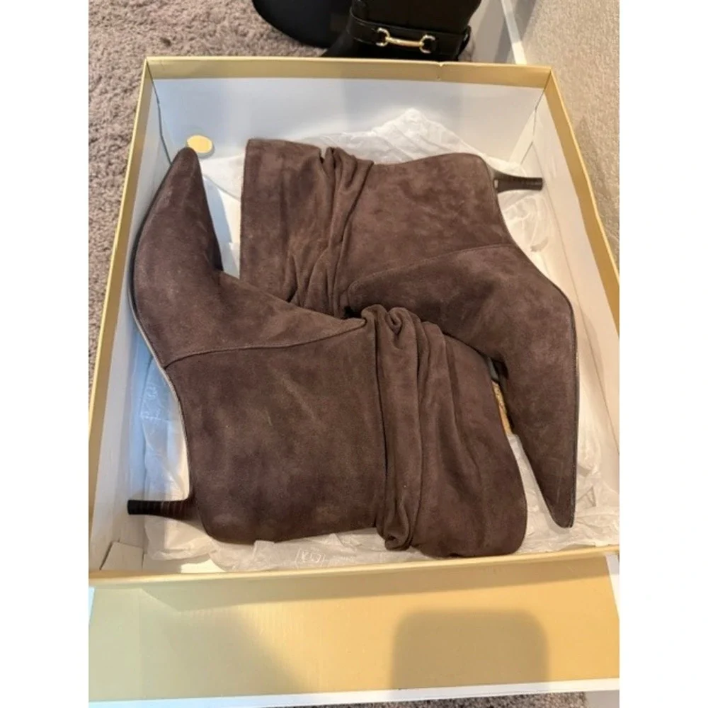 Michael Kors SG25F Brown Suede Slouchy Pointed Toe Kitten Heel Boots Womens 11M